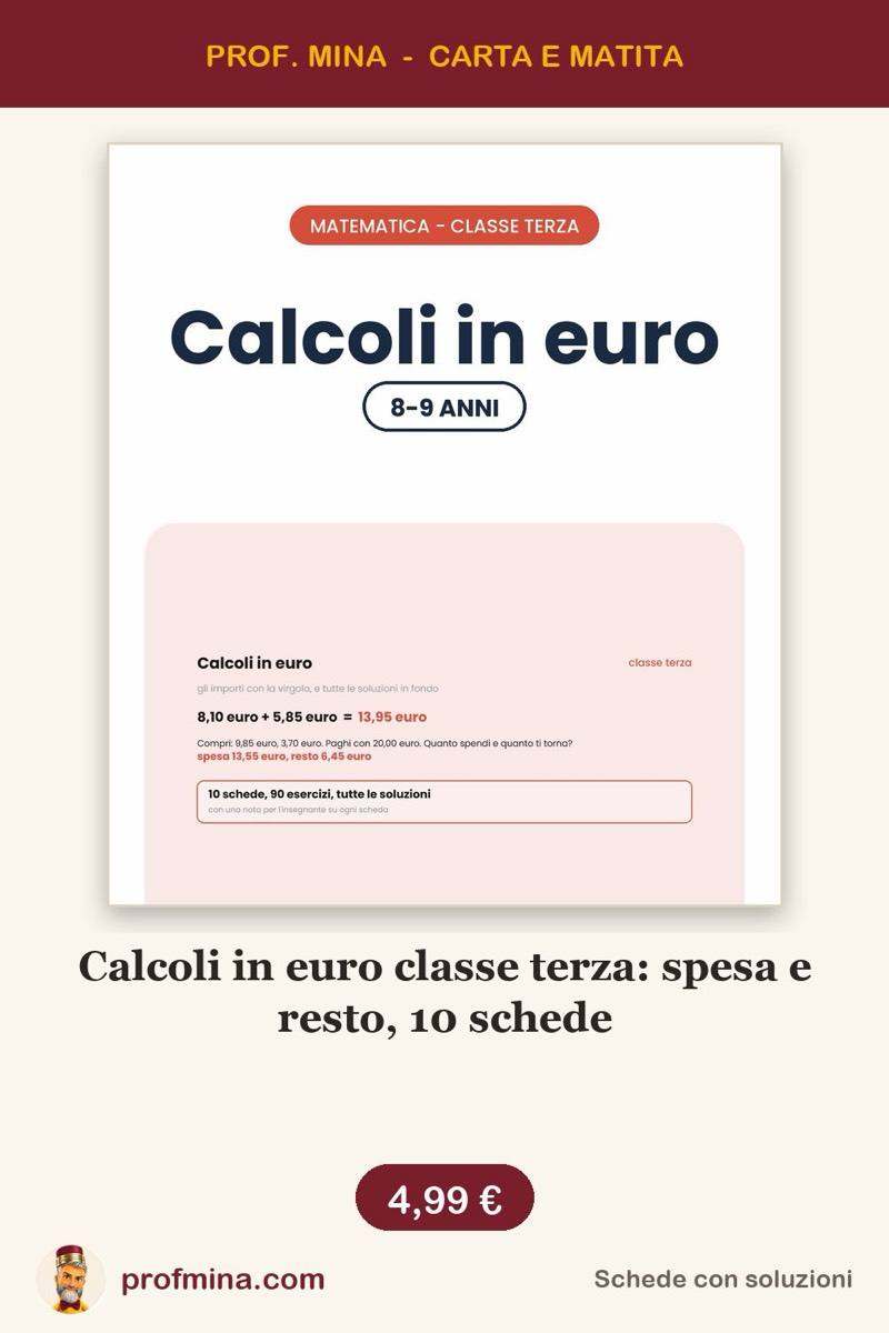 Calcoli in euro classe terza: spesa e resto, 10 schede