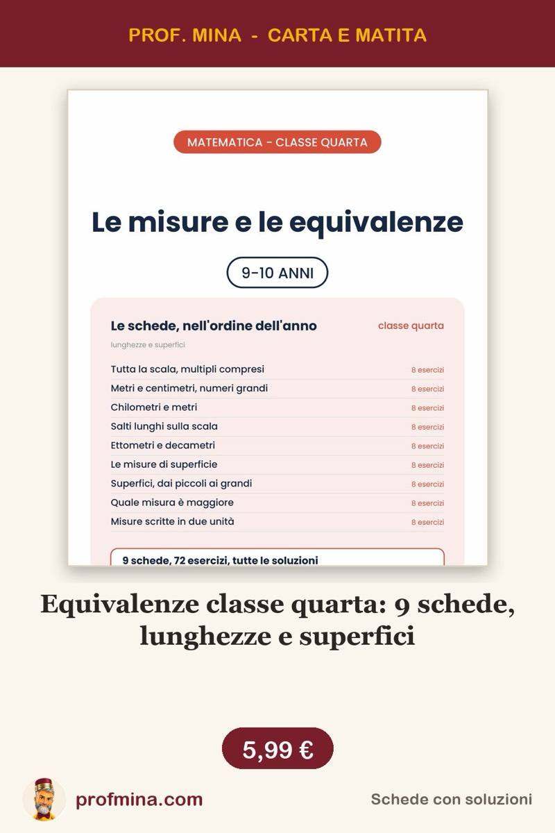 Equivalenze classe quarta: 9 schede, lunghezze e superfici