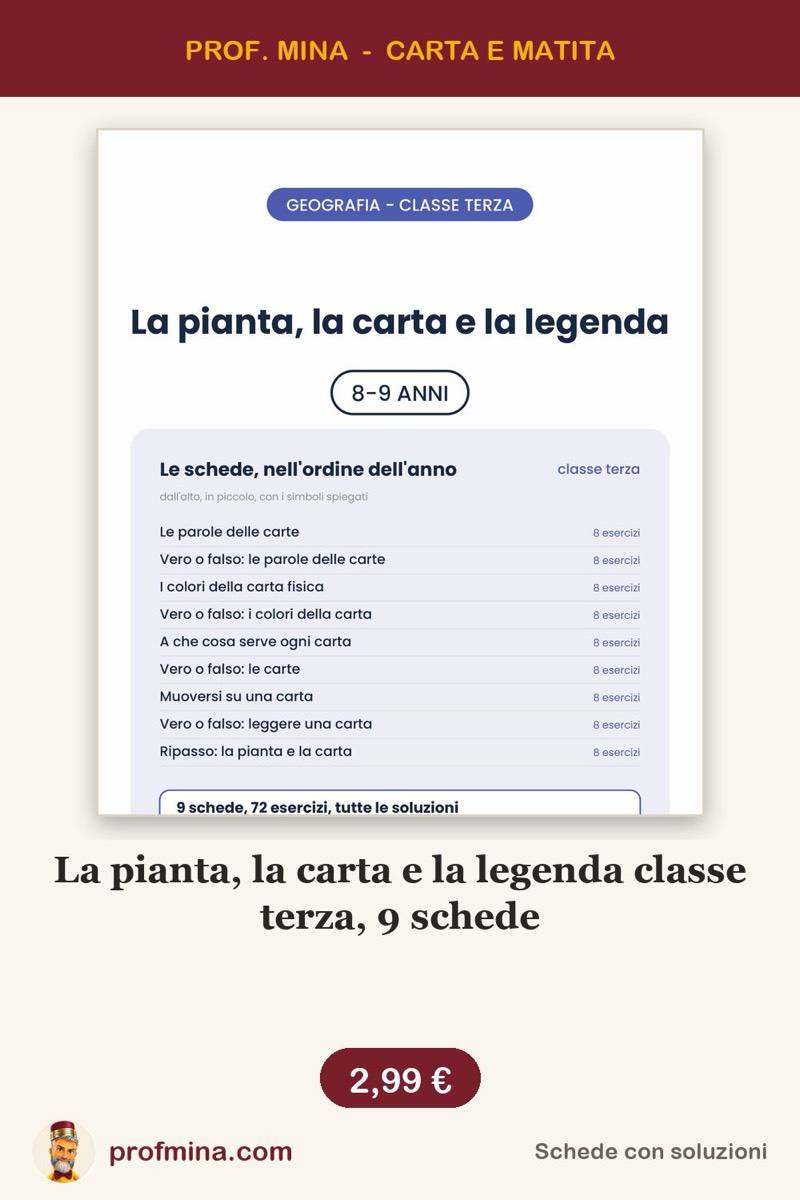 La pianta, la carta e la legenda classe terza, 9 schede