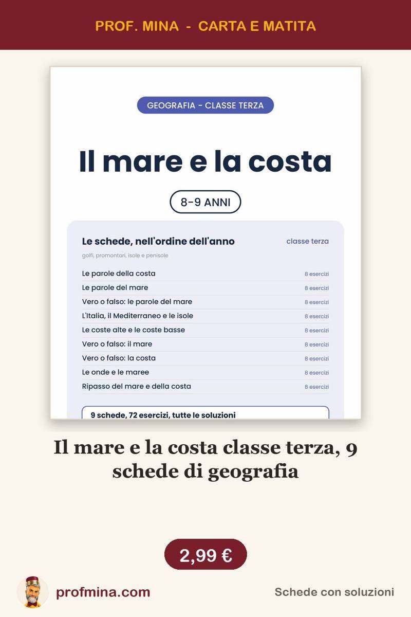 Il mare e la costa classe terza, 9 schede di geografia
