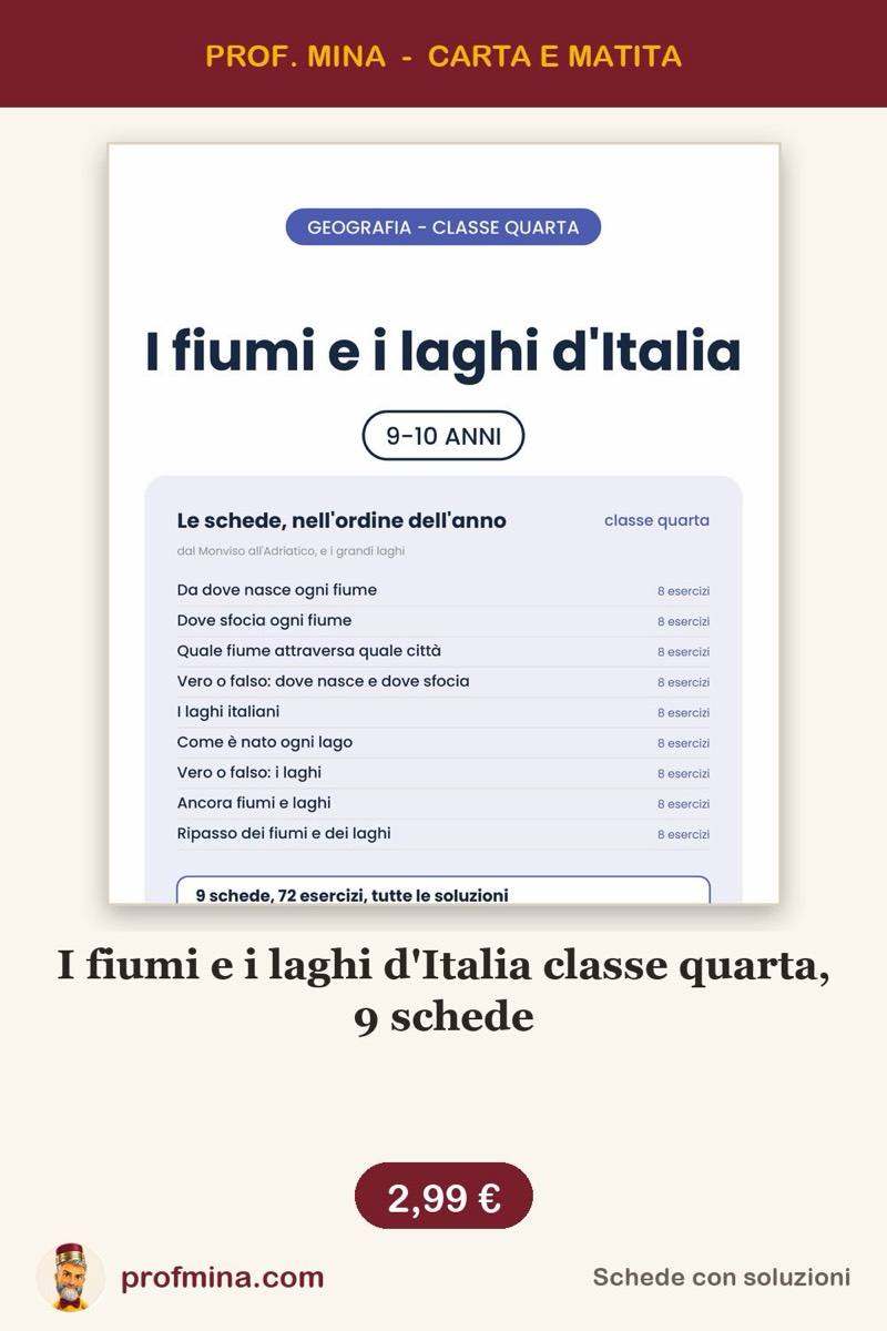 I fiumi e i laghi d'Italia classe quarta, 9 schede