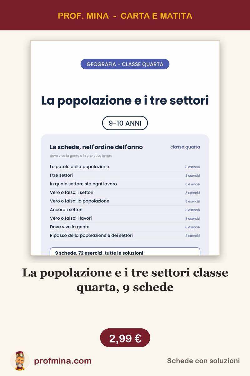 La popolazione e i tre settori classe quarta, 9 schede