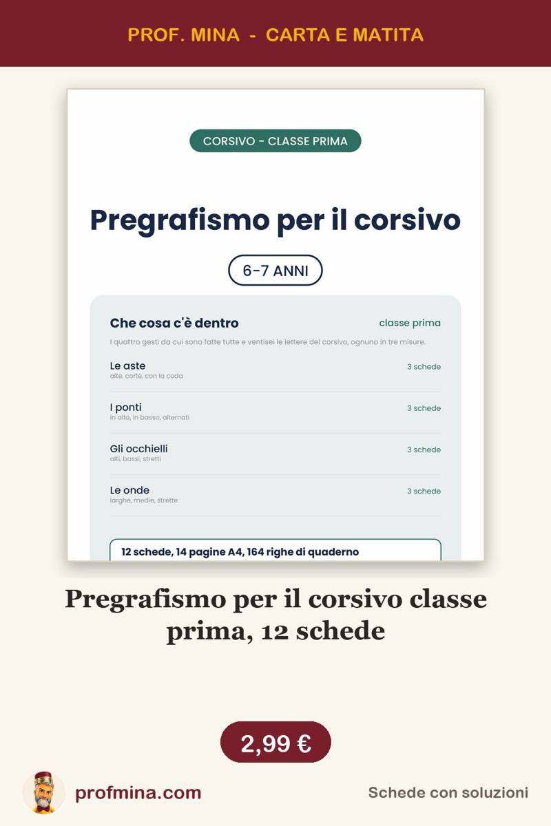 Pregrafismo per il corsivo classe prima, 12 schede