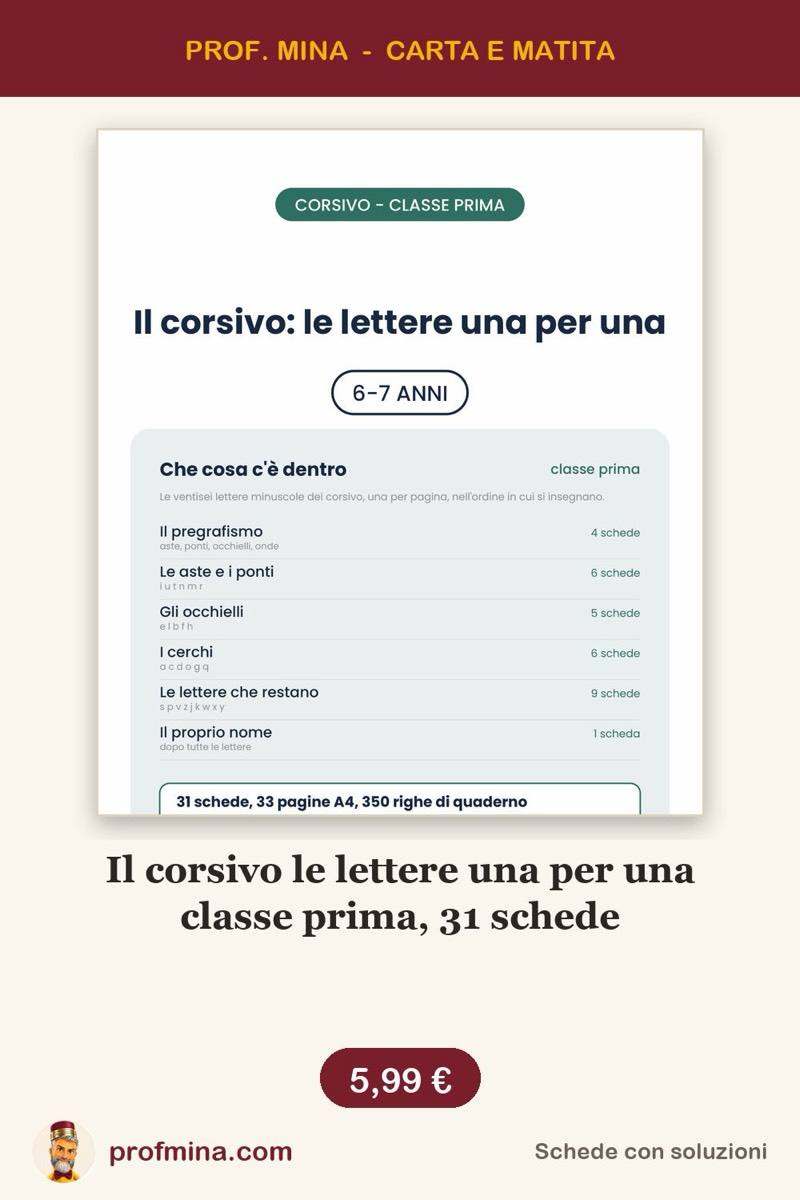 Il corsivo le lettere una per una classe prima, 31 schede