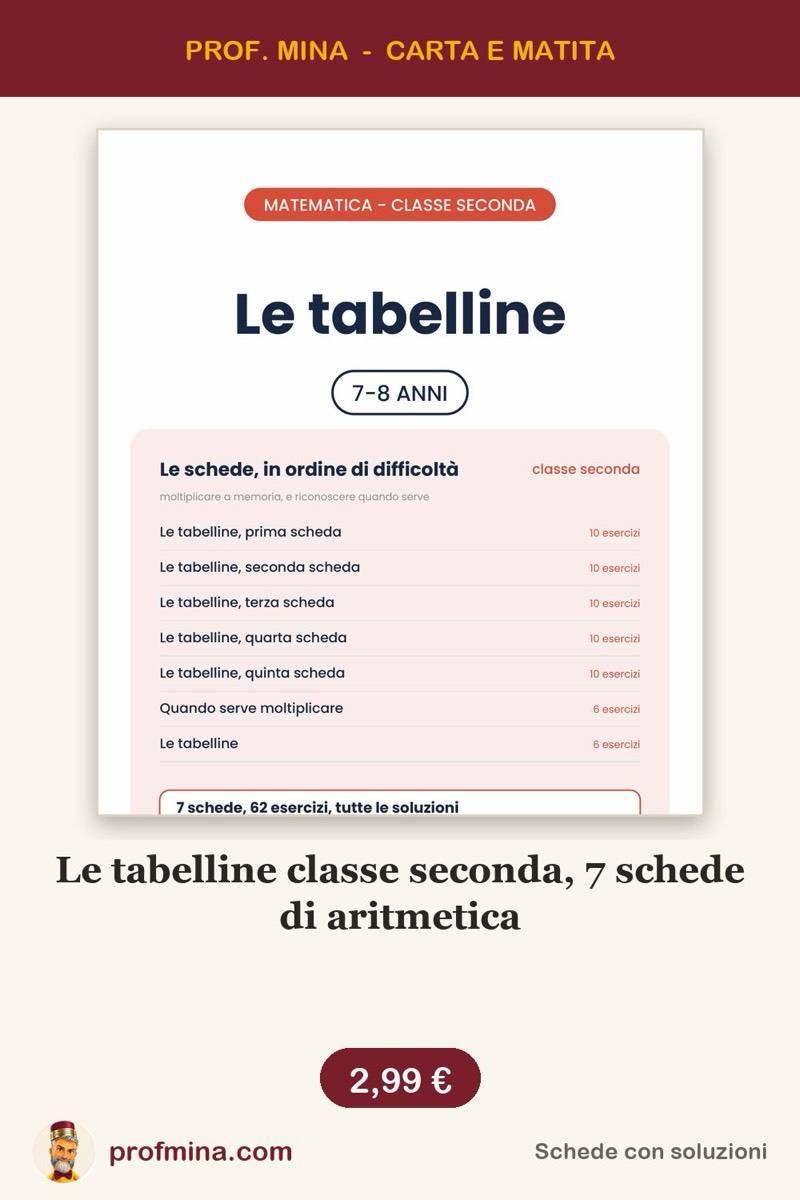 Le tabelline classe seconda, 7 schede di aritmetica