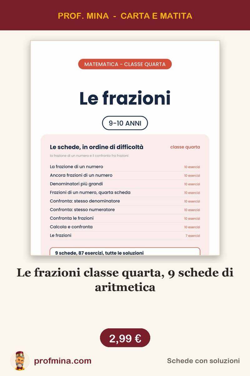 Le frazioni classe quarta, 9 schede di aritmetica