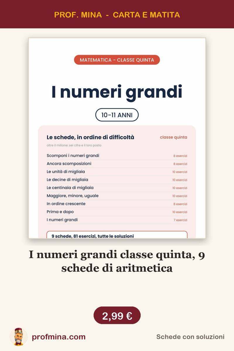 I numeri grandi classe quinta, 9 schede di aritmetica