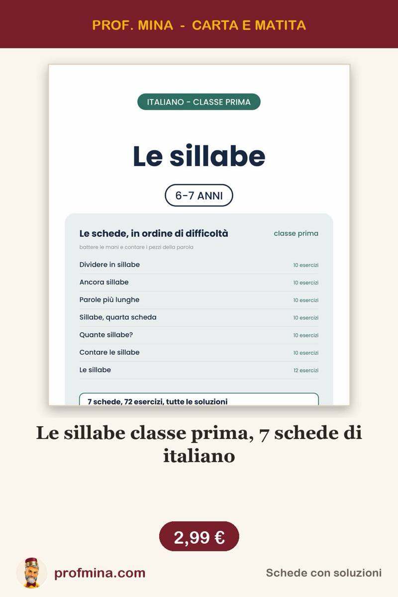 Le sillabe classe prima, 7 schede di italiano
