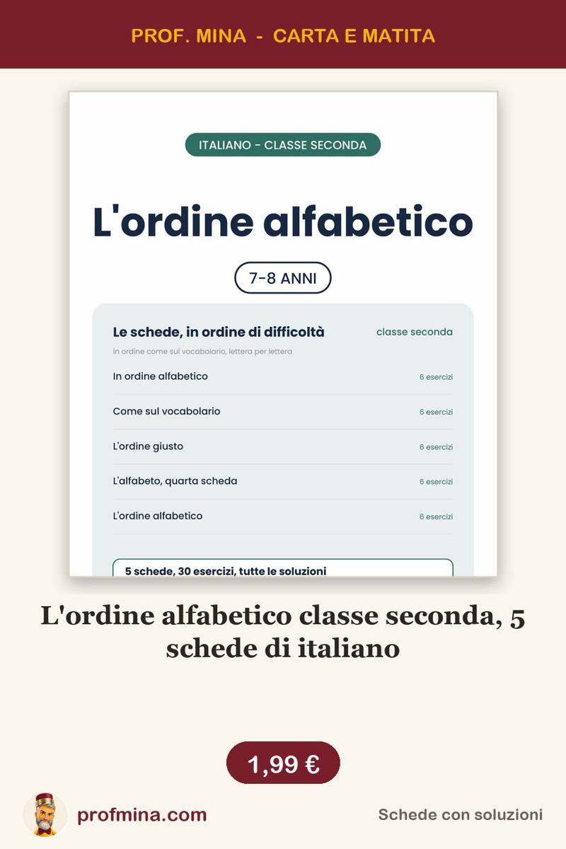 L'ordine alfabetico classe seconda, 5 schede di italiano