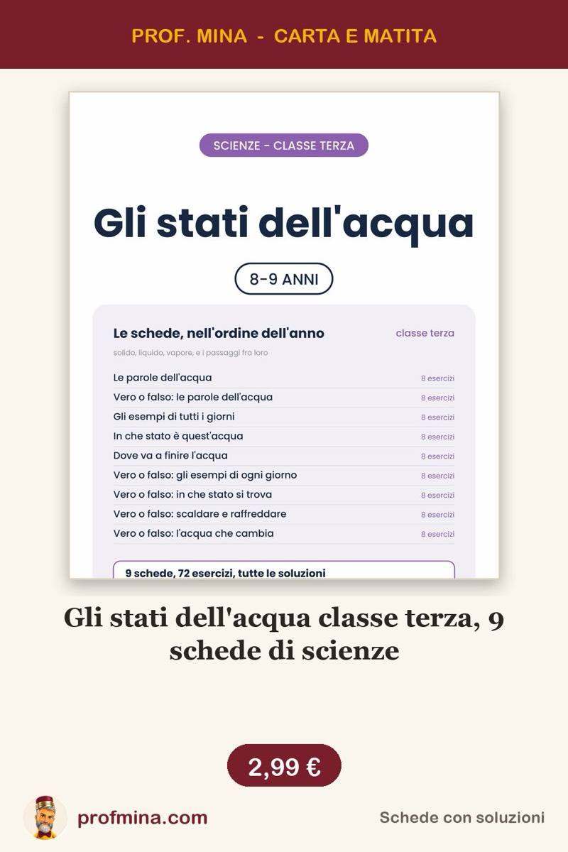 Gli stati dell'acqua classe terza, 9 schede di scienze