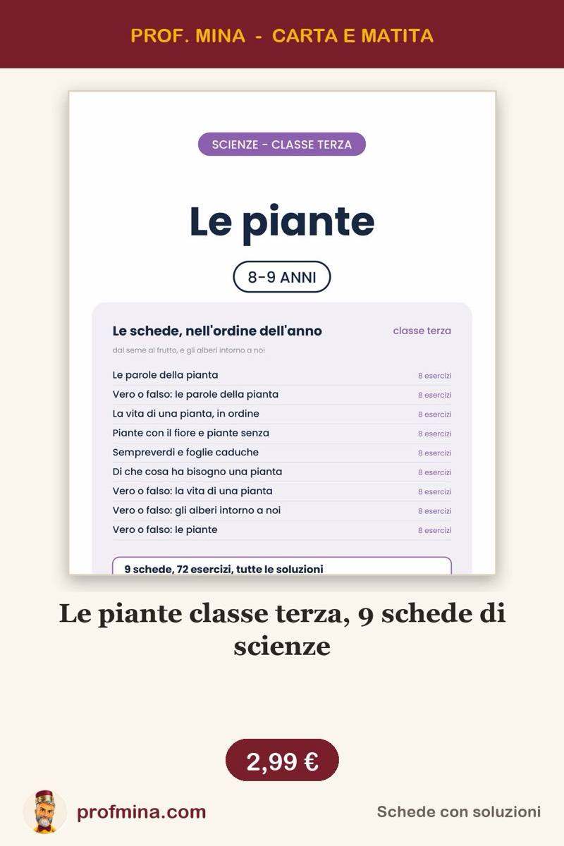 Le piante classe terza, 9 schede di scienze