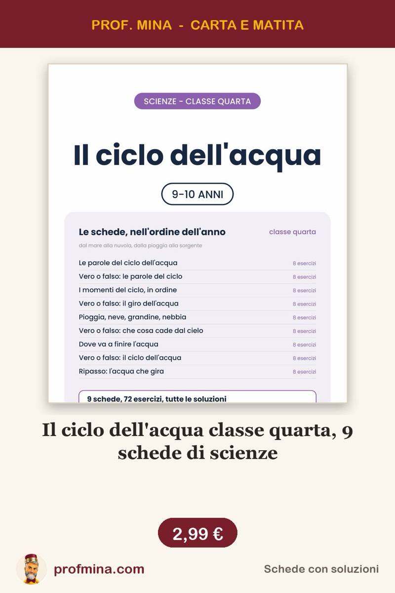 Il ciclo dell'acqua classe quarta, 9 schede di scienze