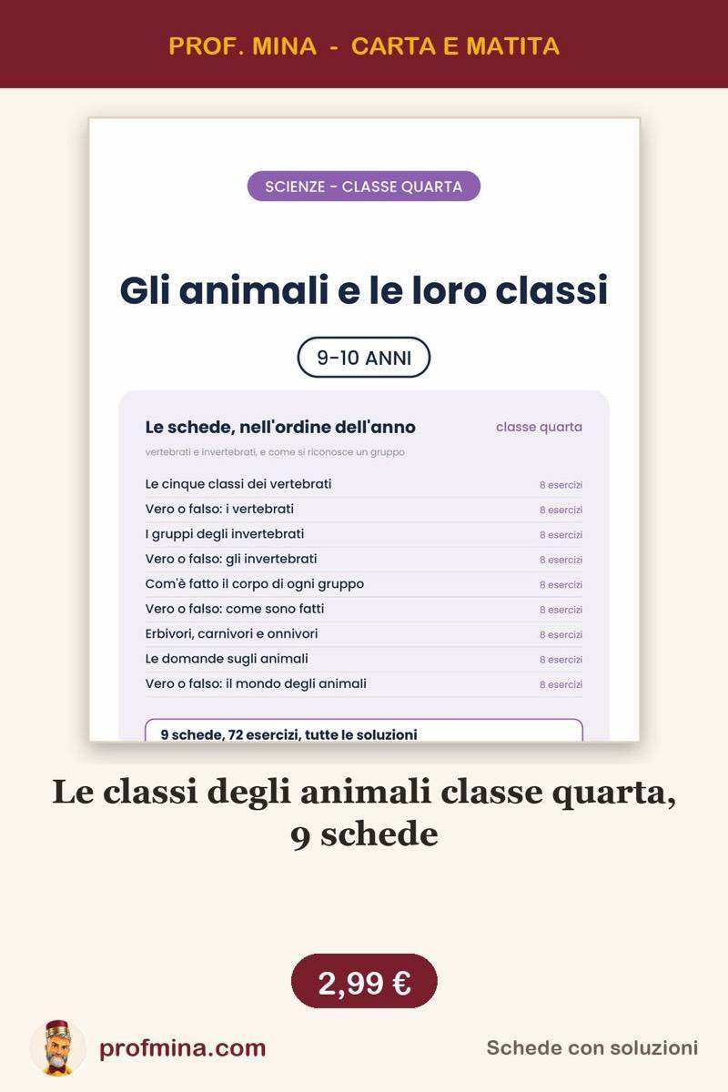 Le classi degli animali classe quarta, 9 schede