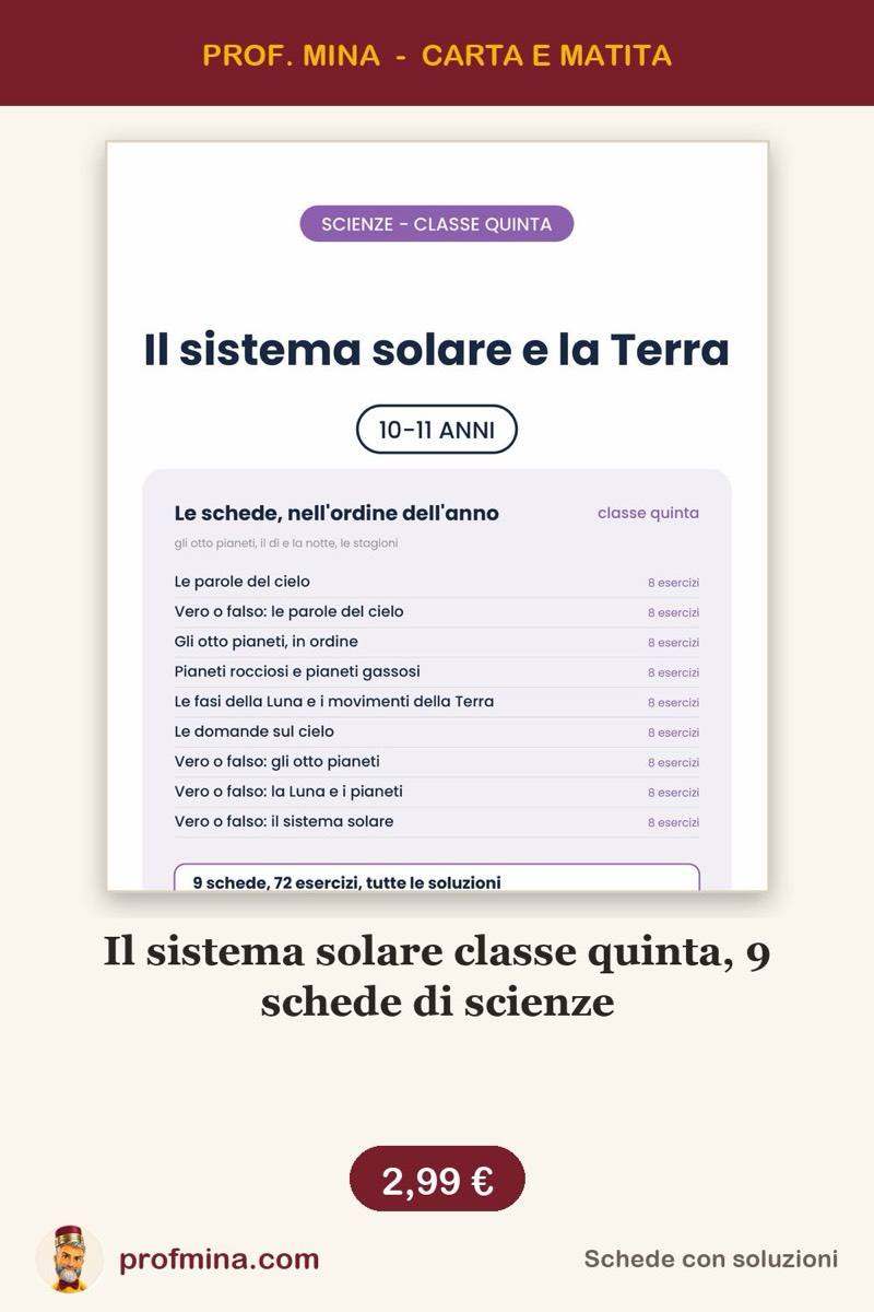 Il sistema solare classe quinta, 9 schede di scienze