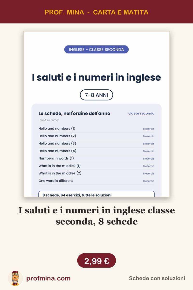I saluti e i numeri in inglese classe seconda, 8 schede