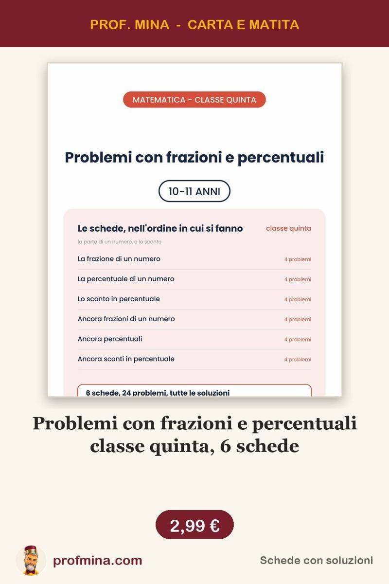 Problemi con frazioni e percentuali classe quinta, 6 schede