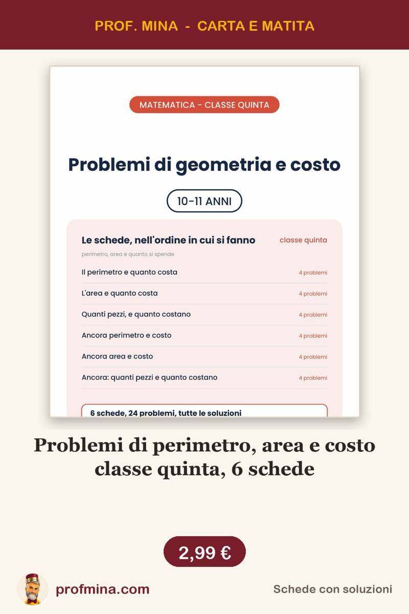 Problemi di perimetro, area e costo classe quinta, 6 schede